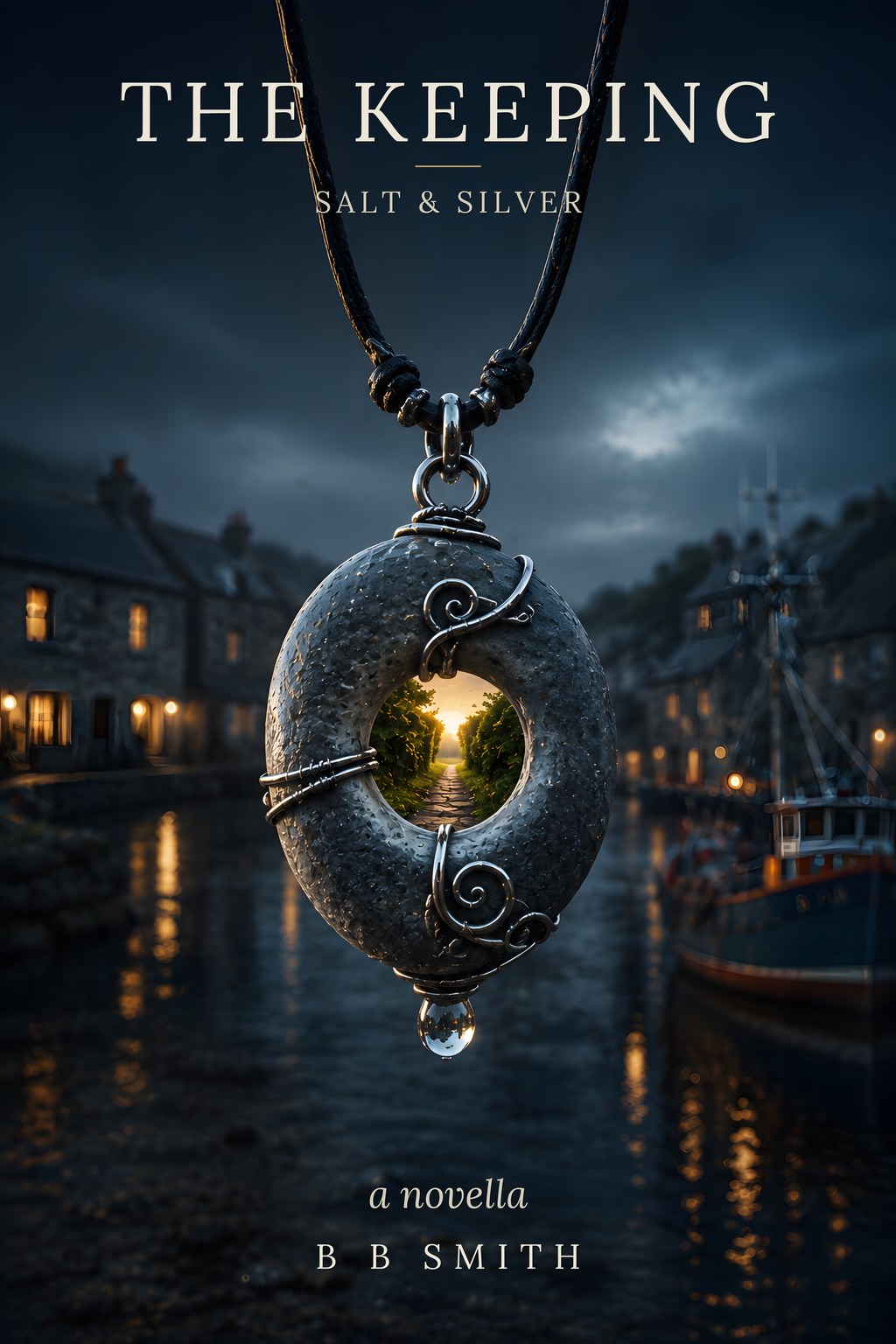 Cover art for The Keeping: Salt & Silver — a silver pendant holding a glimpse of a sunlit hedge-lined path, suspended over a darkened Cornish harbour village at night